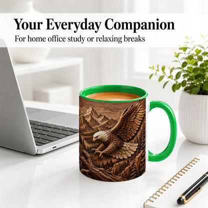 #pl[11oz|Green] Bald Eagle Accent Mug, Ceramic Mug with Mountain Forest Artwork