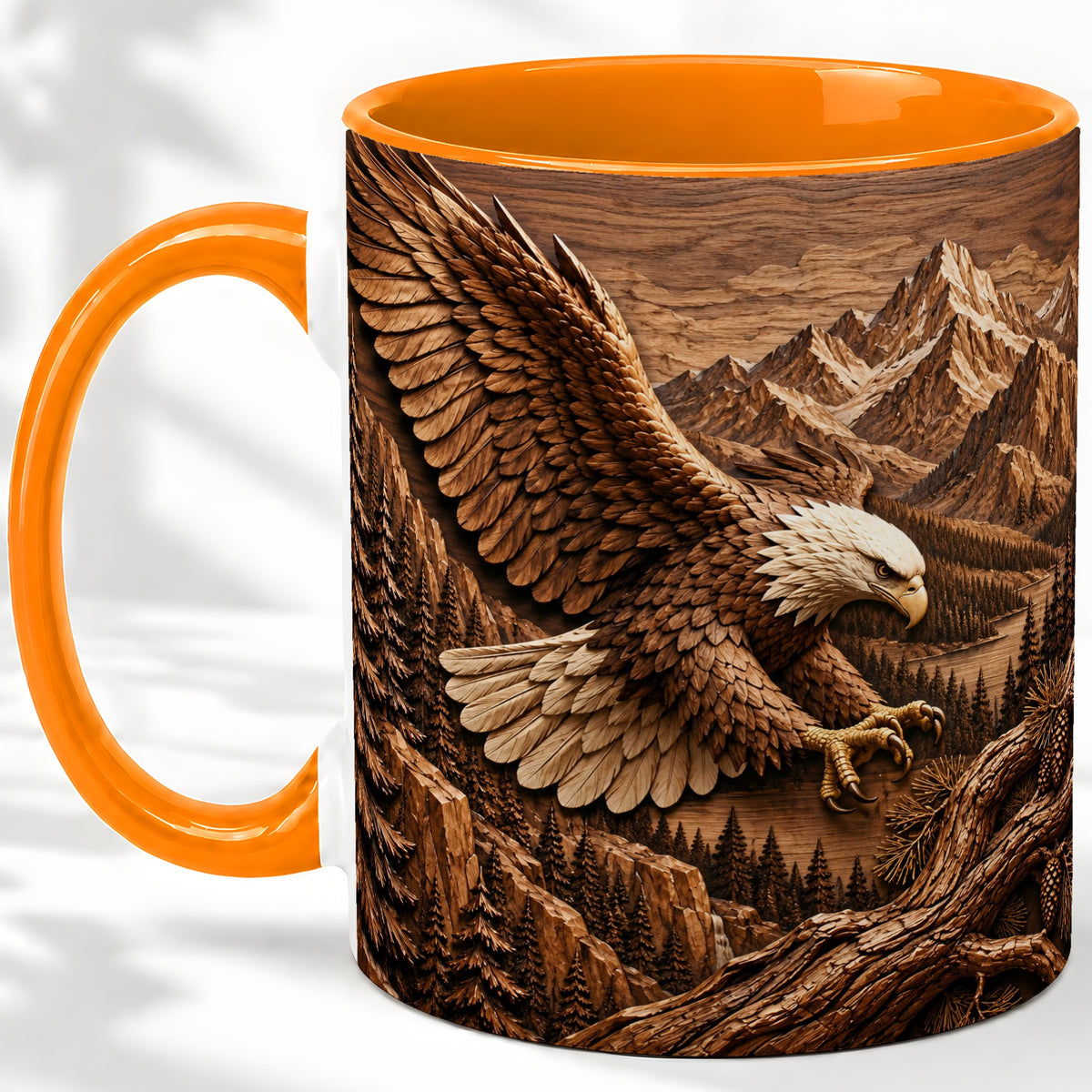 #pl[11oz|Orange] Bald Eagle Accent Mug, Ceramic Mug with Mountain Forest Artwork