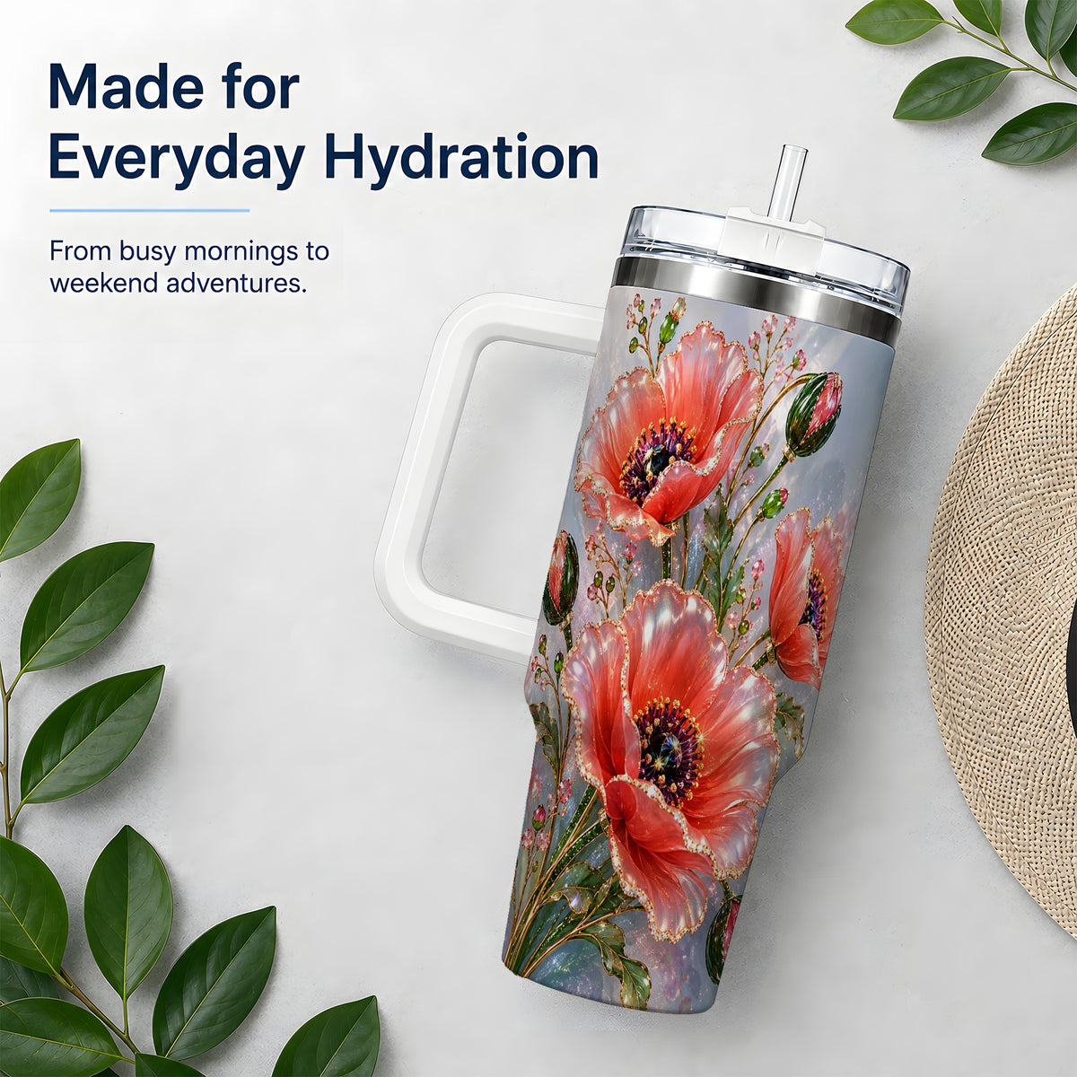 Coral Poppy 40oz Tumbler, Sparkling Floral Botanical Artwork