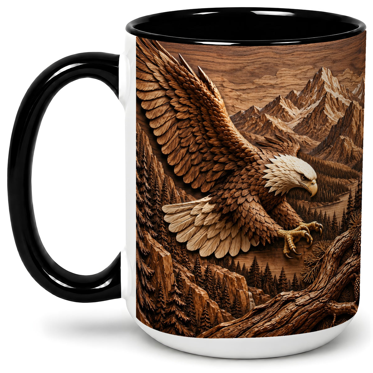 #pl[15oz|Black] Bald Eagle Accent Mug, Ceramic Mug with Mountain Forest Artwork