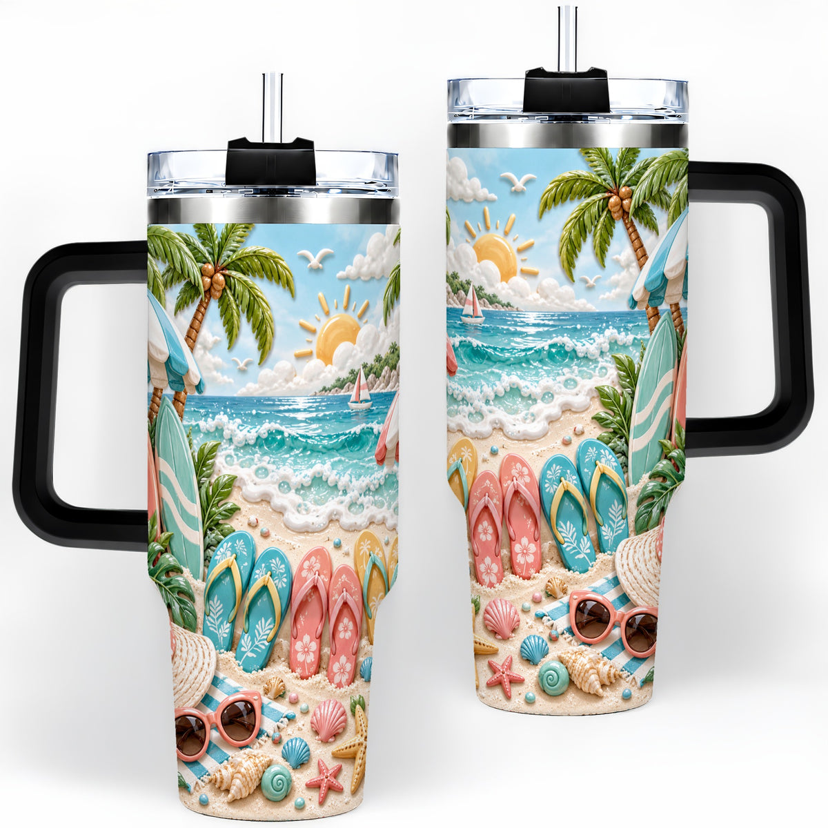 #pl[40oz|Black] Tropical Beach 40oz Tumbler, Surfboards and Flip Flops Artwork