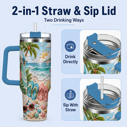 #pl[40oz|Blue] Tropical Beach 40oz Tumbler, Surfboards and Flip Flops Artwork