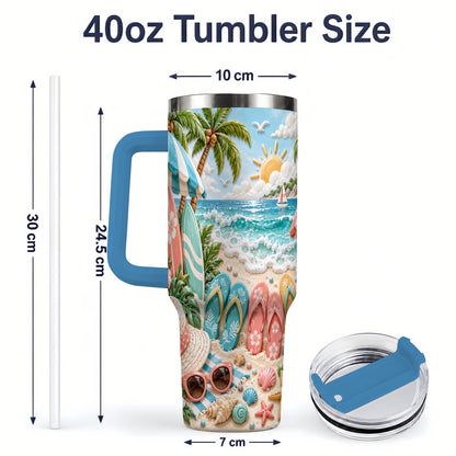 #pl[40oz|Blue] Tropical Beach 40oz Tumbler, Surfboards and Flip Flops Artwork