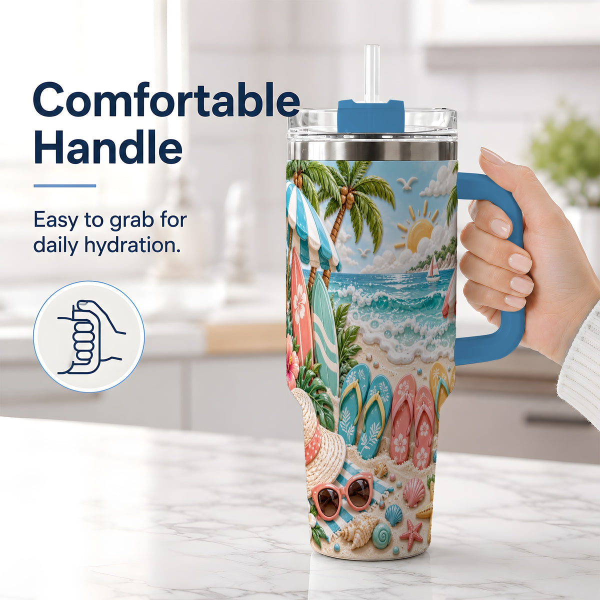 #pl[40oz|Blue] Tropical Beach 40oz Tumbler, Surfboards and Flip Flops Artwork
