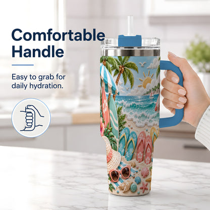 #pl[40oz|Blue] Tropical Beach 40oz Tumbler, Surfboards and Flip Flops Artwork