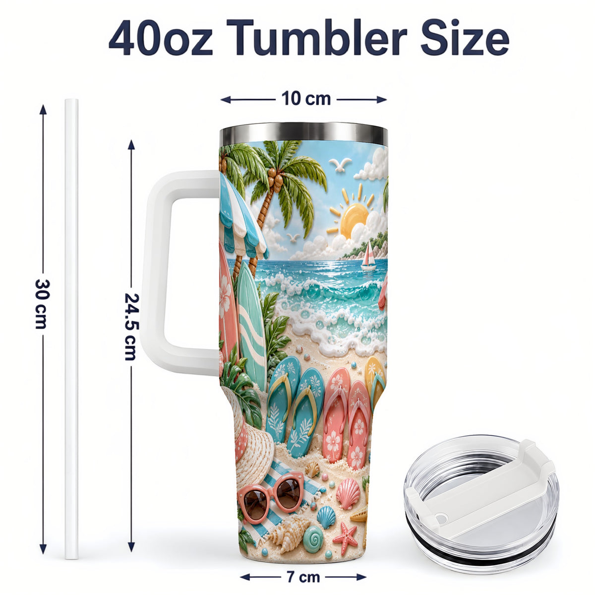 #pl[40oz|White] Tropical Beach 40oz Tumbler, Surfboards and Flip Flops Artwork