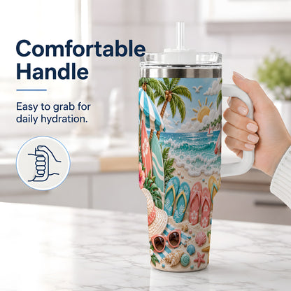 #pl[40oz|White] Tropical Beach 40oz Tumbler, Surfboards and Flip Flops Artwork