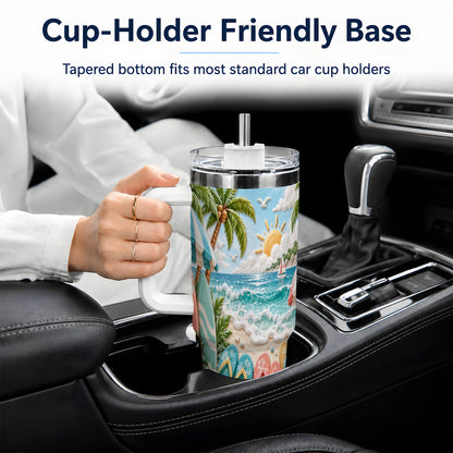 Tropical Beach 40oz Tumbler, Surfboards and Flip Flops Artwork