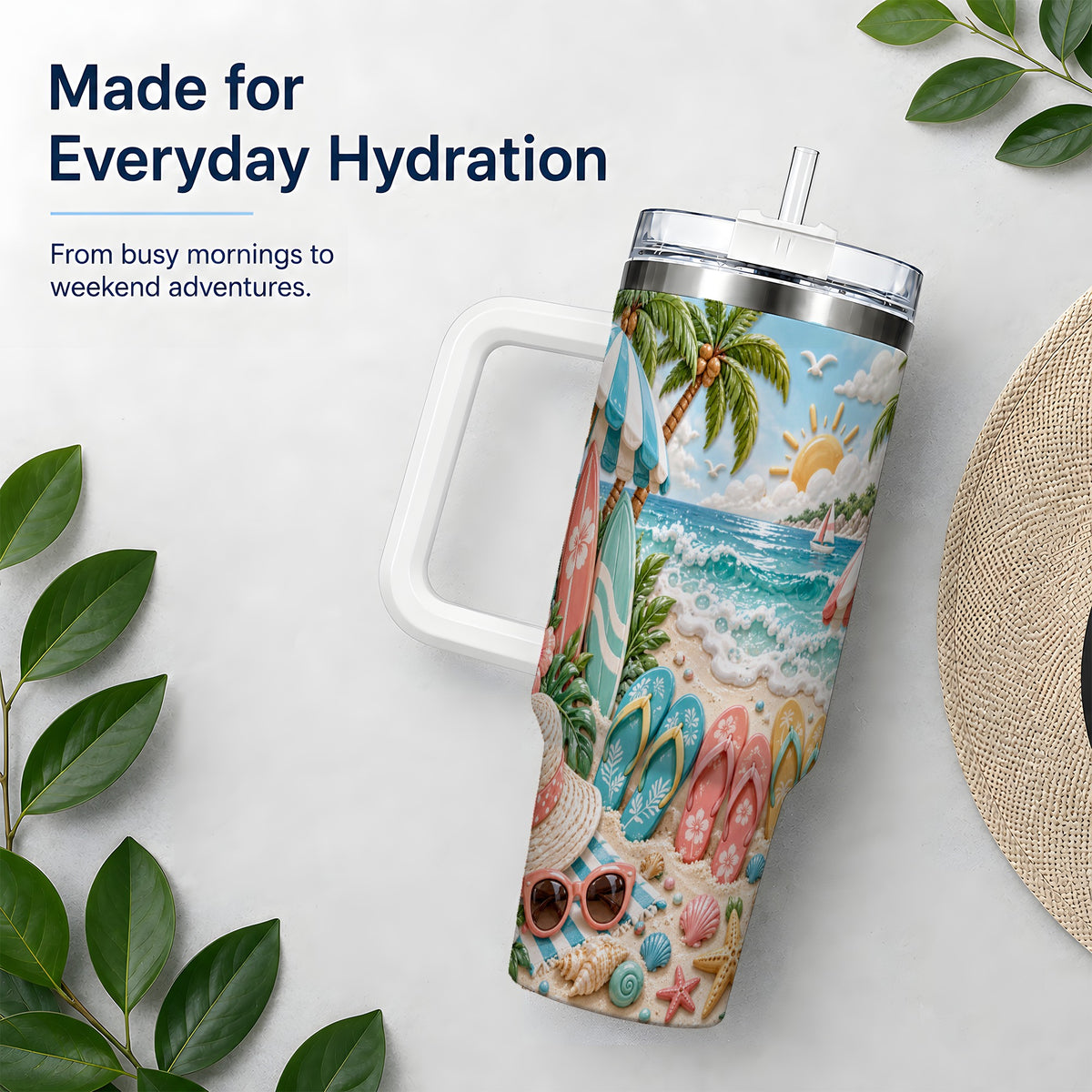 Tropical Beach 40oz Tumbler, Surfboards and Flip Flops Artwork