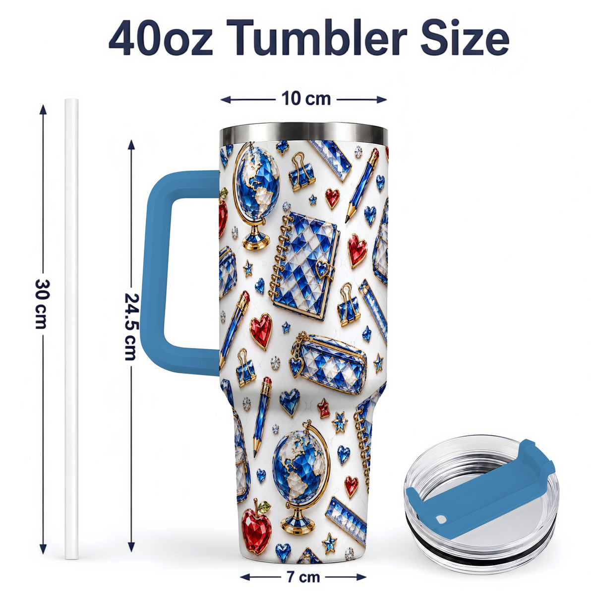 #pl[40oz|Blue] School Supplies Pattern 40oz Tumbler, Colorful Classroom Artwork