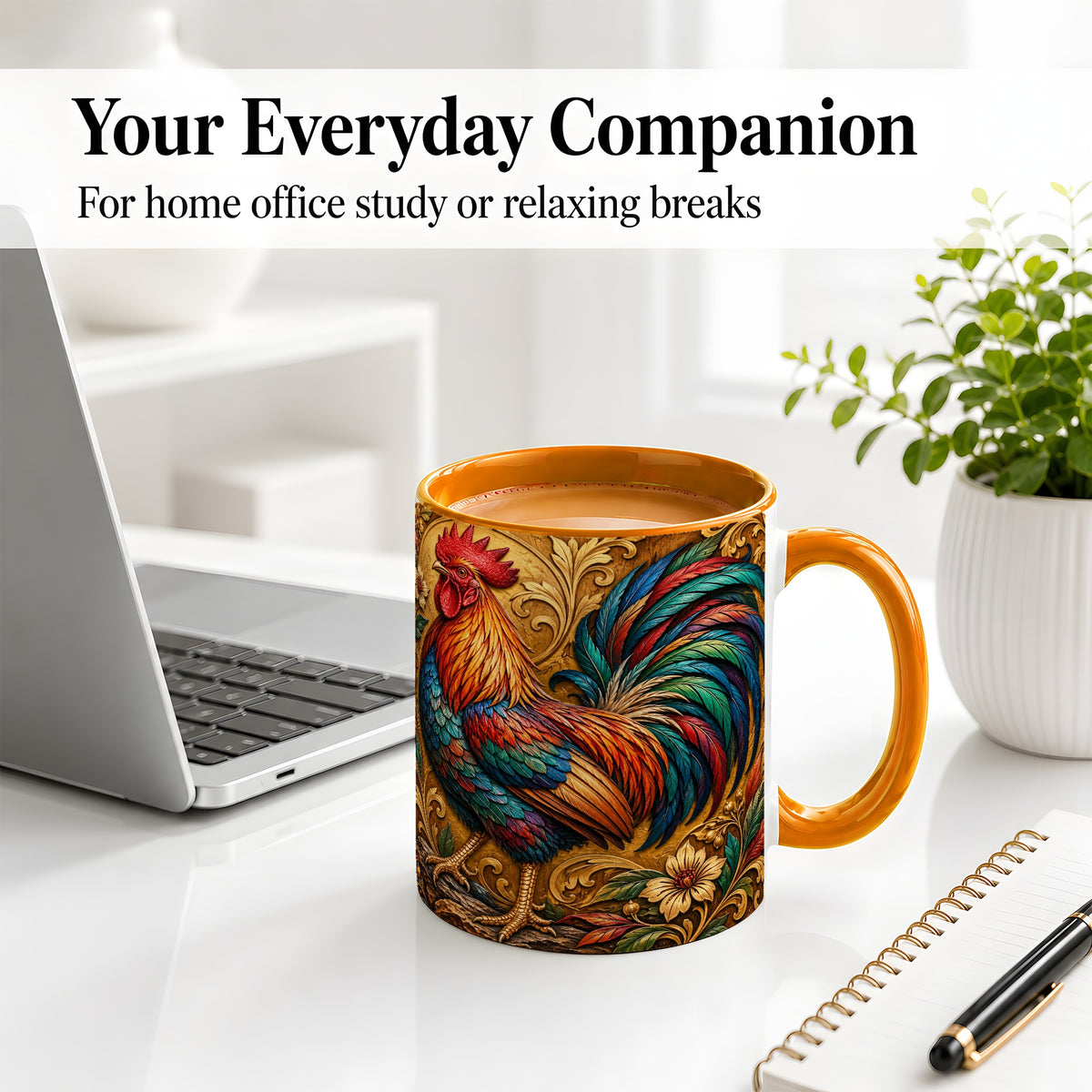 #pl[11oz|Orange] Colorful Rooster Accent Mug, Ceramic Mug with Ornate Floral Art