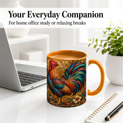#pl[11oz|Orange] Colorful Rooster Accent Mug, Ceramic Mug with Ornate Floral Art