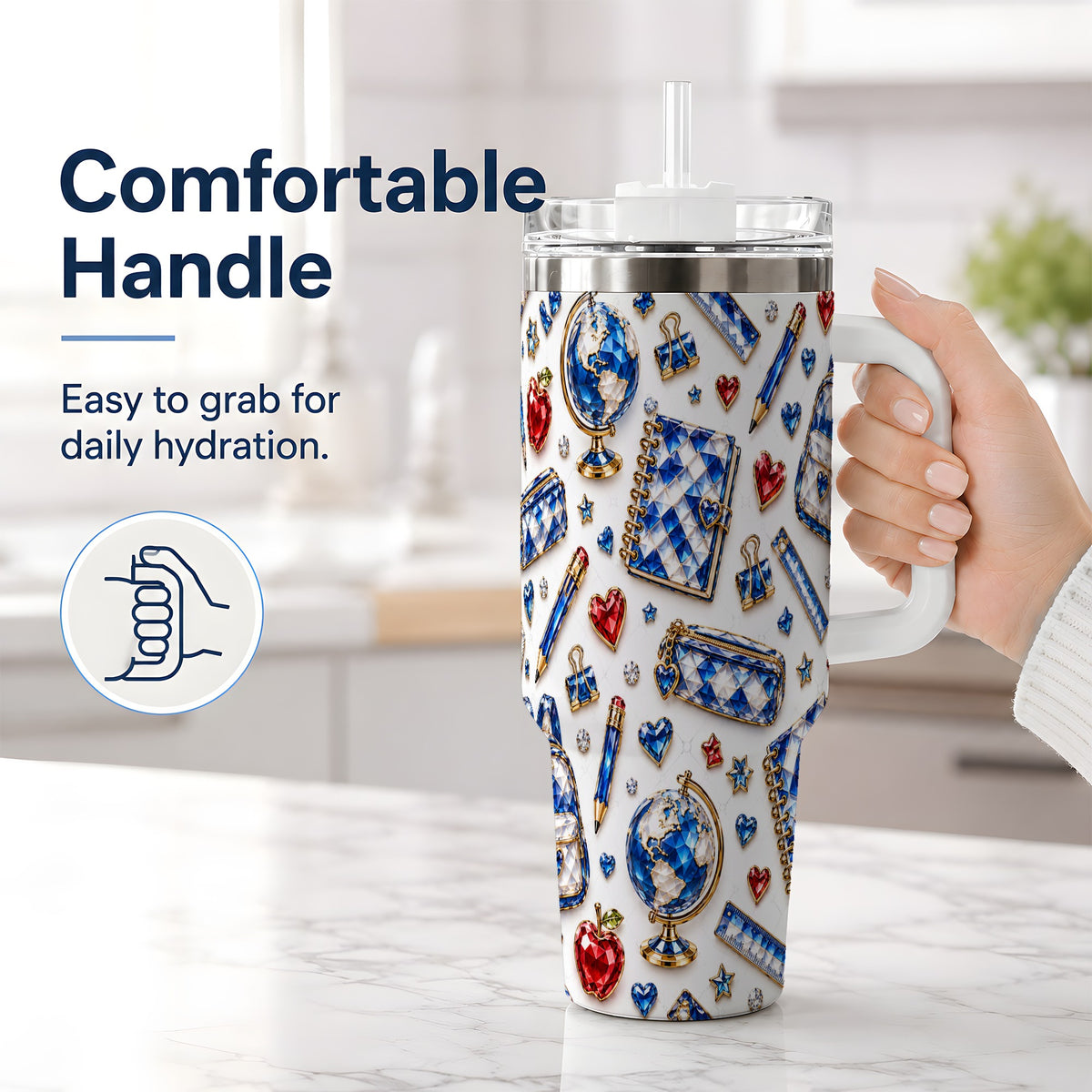 #pl[40oz|White] School Supplies Pattern 40oz Tumbler, Colorful Classroom Artwork