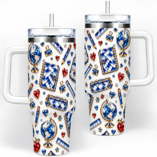 School Supplies Pattern 40oz Tumbler, Colorful Classroom Artwork