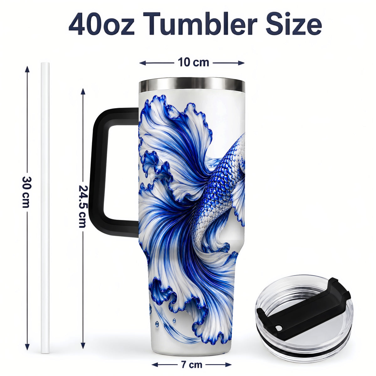 #pl[40oz|Black] Blue Betta Fish 40oz Tumbler, Flowing Fin and Water Bubble Artwork