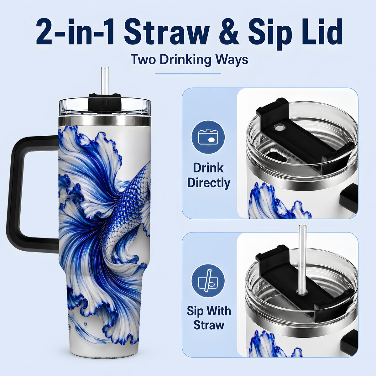 #pl[40oz|Black] Blue Betta Fish 40oz Tumbler, Flowing Fin and Water Bubble Artwork