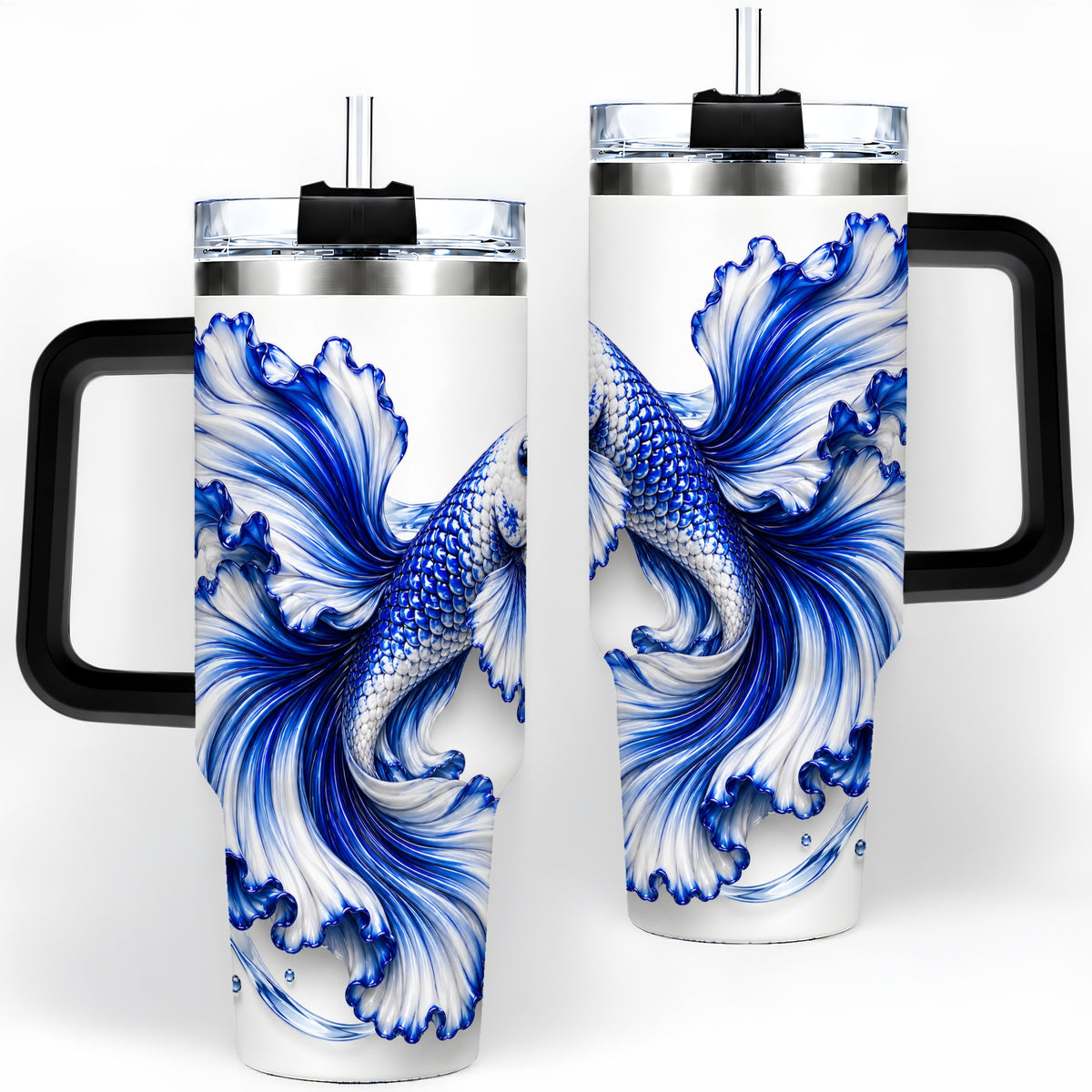 #pl[40oz|Black] Blue Betta Fish 40oz Tumbler, Flowing Fin and Water Bubble Artwork