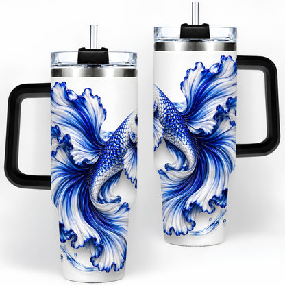 #pl[40oz|Black] Blue Betta Fish 40oz Tumbler, Flowing Fin and Water Bubble Artwork