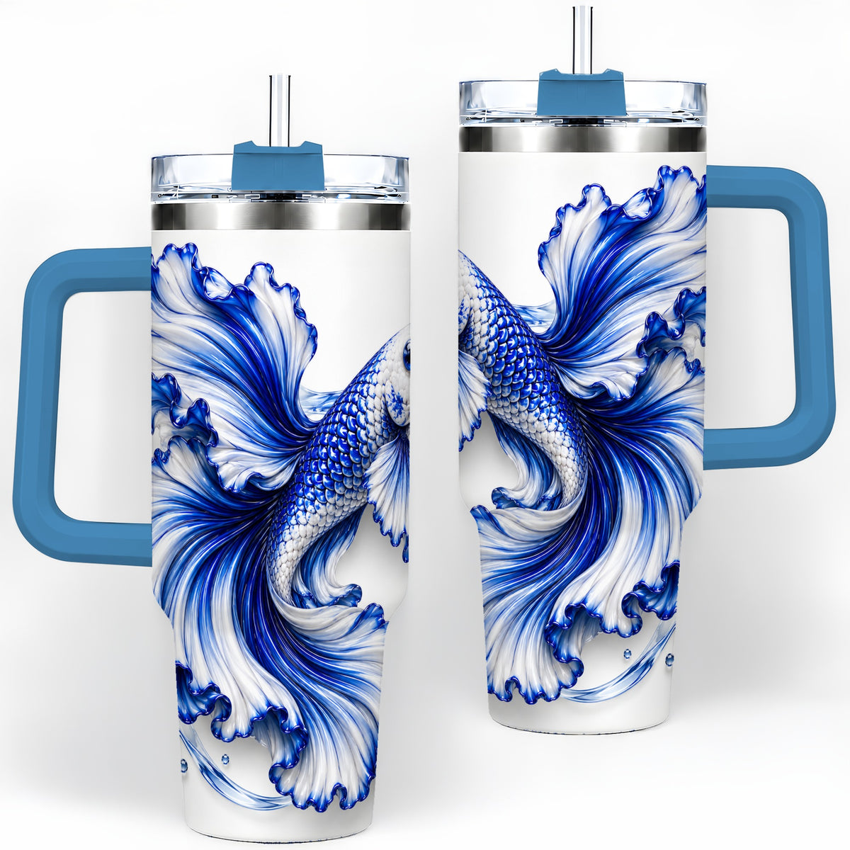 #pl[40oz|Blue] Blue Betta Fish 40oz Tumbler, Flowing Fin and Water Bubble Artwork