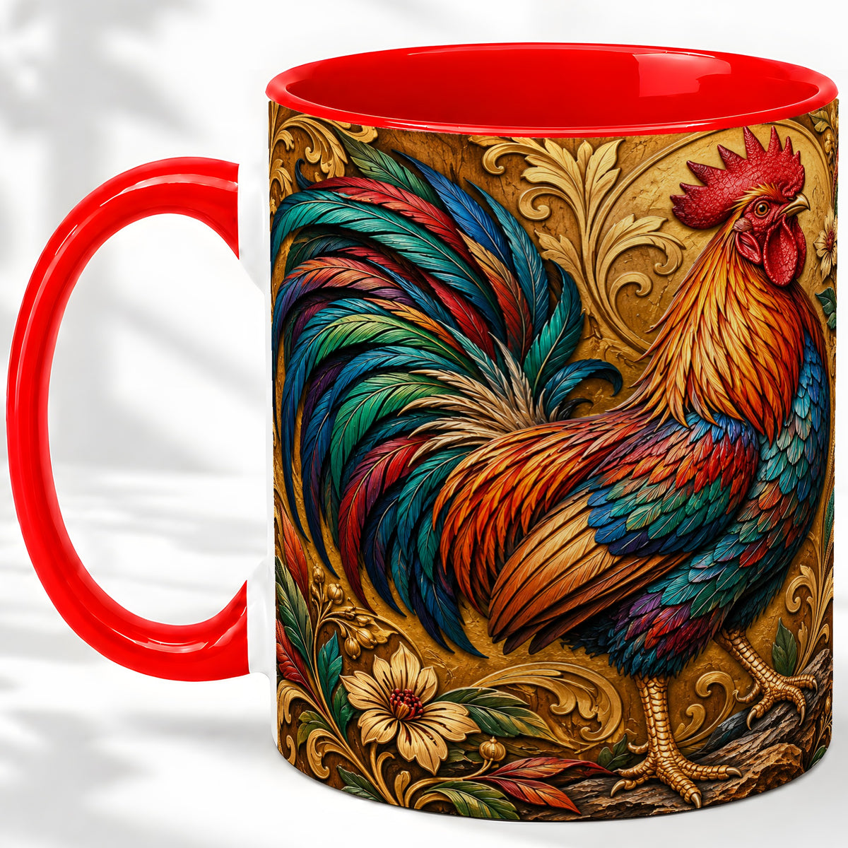 Colorful Rooster Accent Mug, Ceramic Mug with Ornate Floral Art