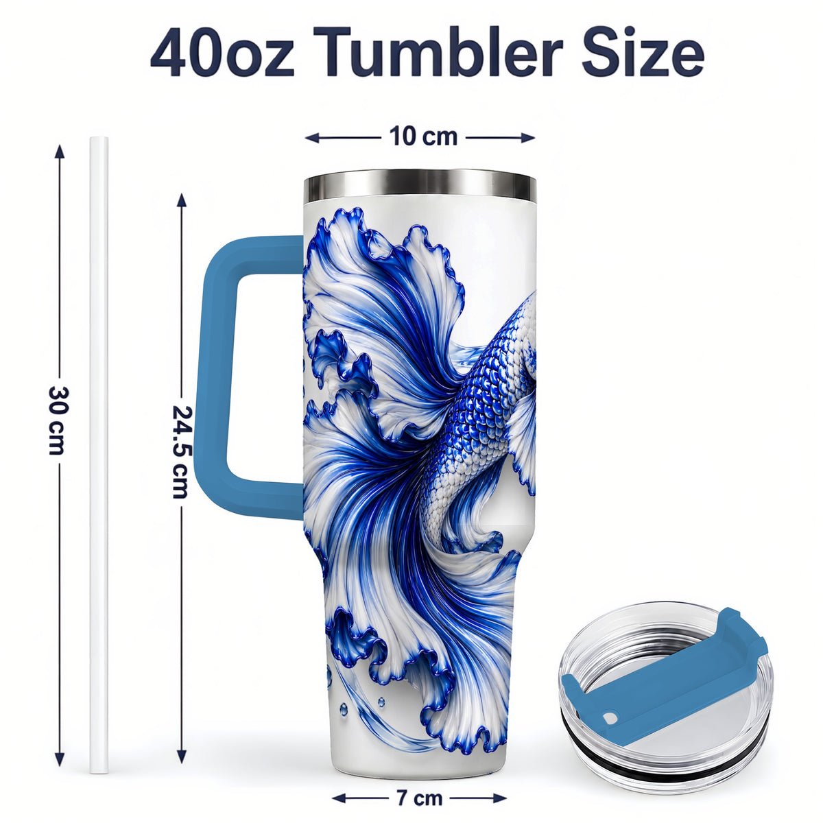 #pl[40oz|Blue] Blue Betta Fish 40oz Tumbler, Flowing Fin and Water Bubble Artwork