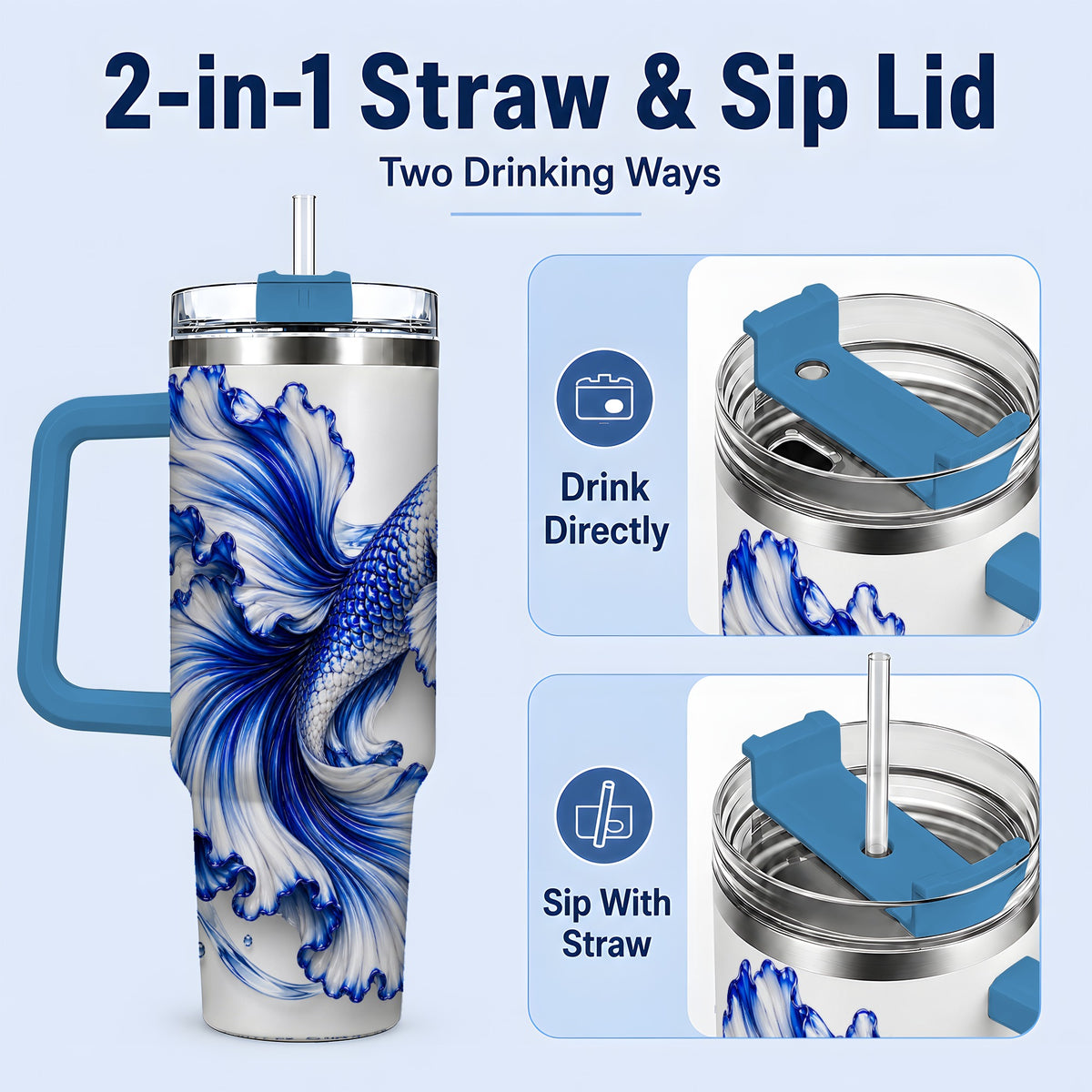 #pl[40oz|Blue] Blue Betta Fish 40oz Tumbler, Flowing Fin and Water Bubble Artwork