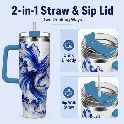 #pl[40oz|Blue] Blue Betta Fish 40oz Tumbler, Flowing Fin and Water Bubble Artwork