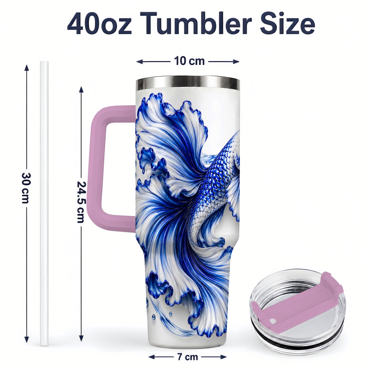 #pl[40oz|Pink] Blue Betta Fish 40oz Tumbler, Flowing Fin and Water Bubble Artwork