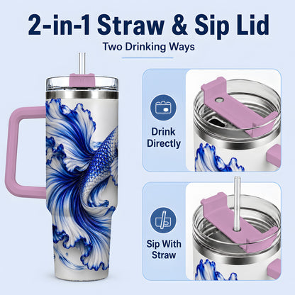 #pl[40oz|Pink] Blue Betta Fish 40oz Tumbler, Flowing Fin and Water Bubble Artwork
