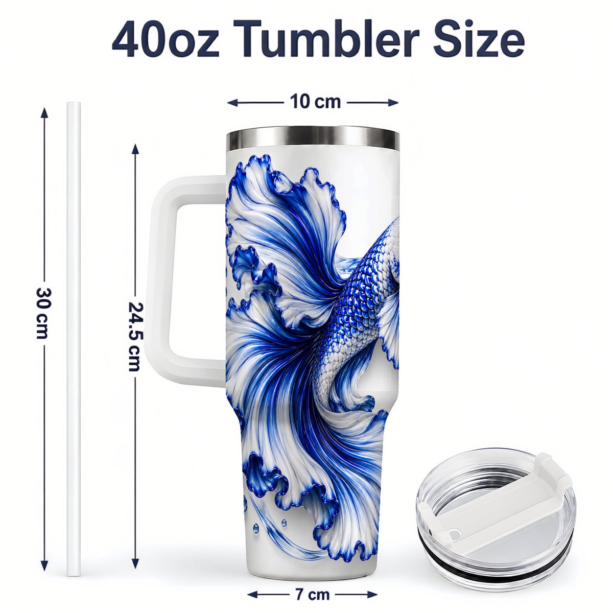 #pl[40oz|White] Blue Betta Fish 40oz Tumbler, Flowing Fin and Water Bubble Artwork