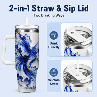 #pl[40oz|White] Blue Betta Fish 40oz Tumbler, Flowing Fin and Water Bubble Artwork