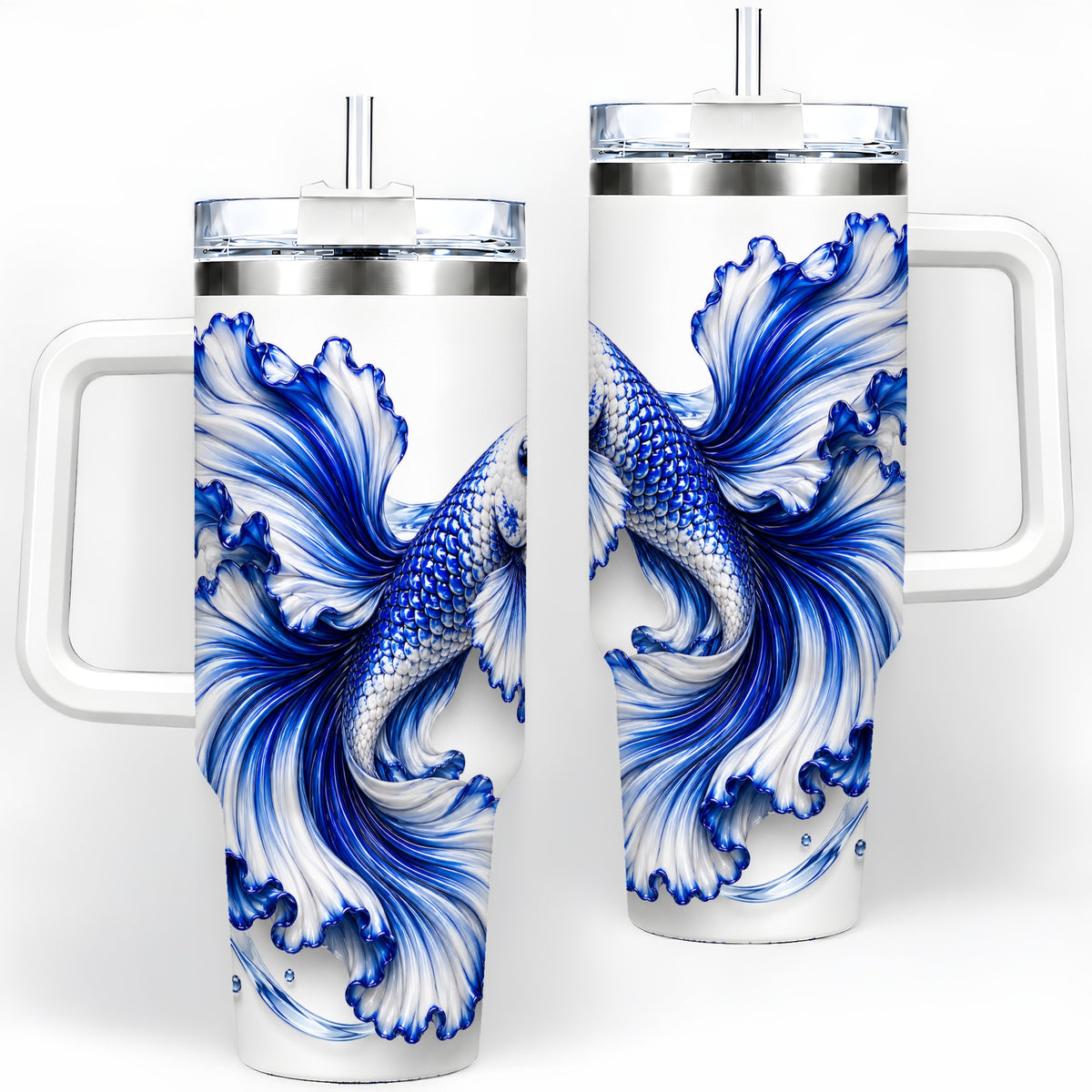 Blue Betta Fish 40oz Tumbler, Flowing Fin and Water Bubble Artwork