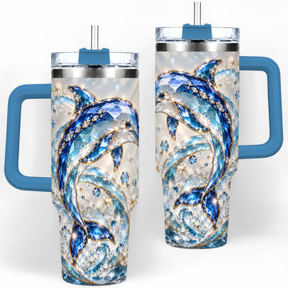 #pl[40oz|Blue] Blue Dolphin 40oz Tumbler, Faceted Ocean Wave and Pearl Artwork