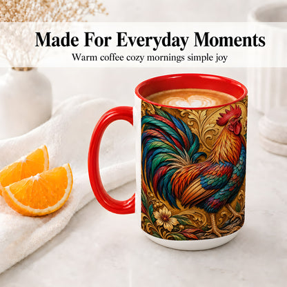#pl[15oz|Red] Colorful Rooster Accent Mug, Ceramic Mug with Ornate Floral Art