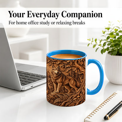 #pl[11oz|Blue] Woodland Wolf Accent Mug, Ceramic Mug with Forest Animal Artwork