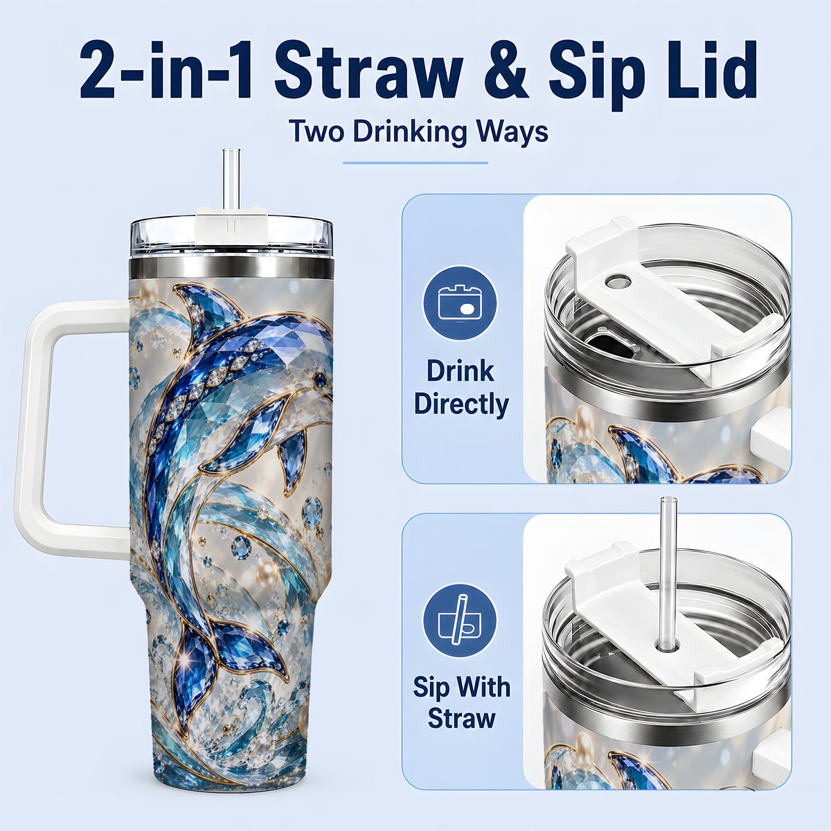#pl[40oz|White] Blue Dolphin 40oz Tumbler, Faceted Ocean Wave and Pearl Artwork