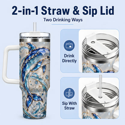 #pl[40oz|White] Blue Dolphin 40oz Tumbler, Faceted Ocean Wave and Pearl Artwork