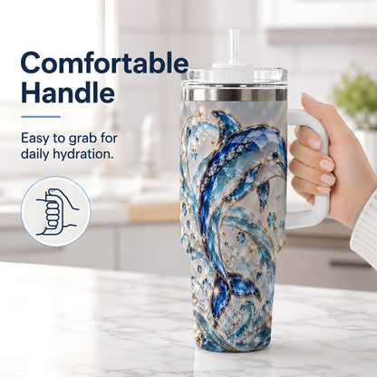 #pl[40oz|White] Blue Dolphin 40oz Tumbler, Faceted Ocean Wave and Pearl Artwork