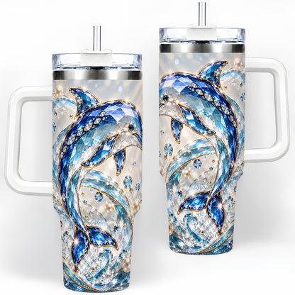 Blue Dolphin 40oz Tumbler, Faceted Ocean Wave and Pearl Artwork