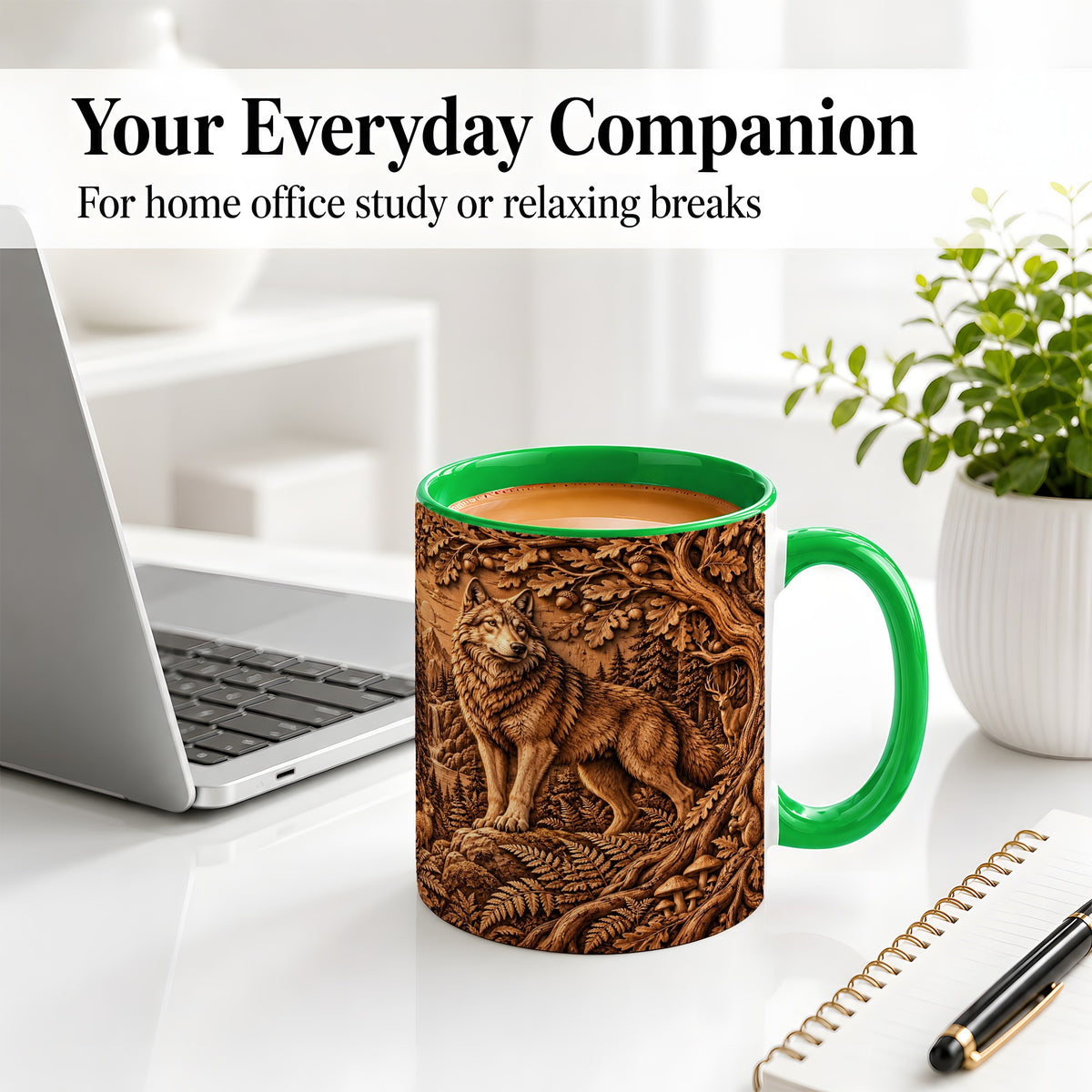#pl[11oz|Green] Woodland Wolf Accent Mug, Ceramic Mug with Forest Animal Artwork
