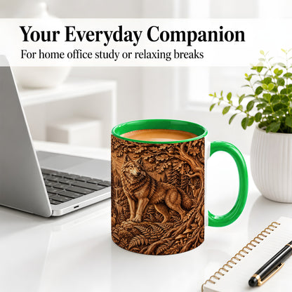 #pl[11oz|Green] Woodland Wolf Accent Mug, Ceramic Mug with Forest Animal Artwork