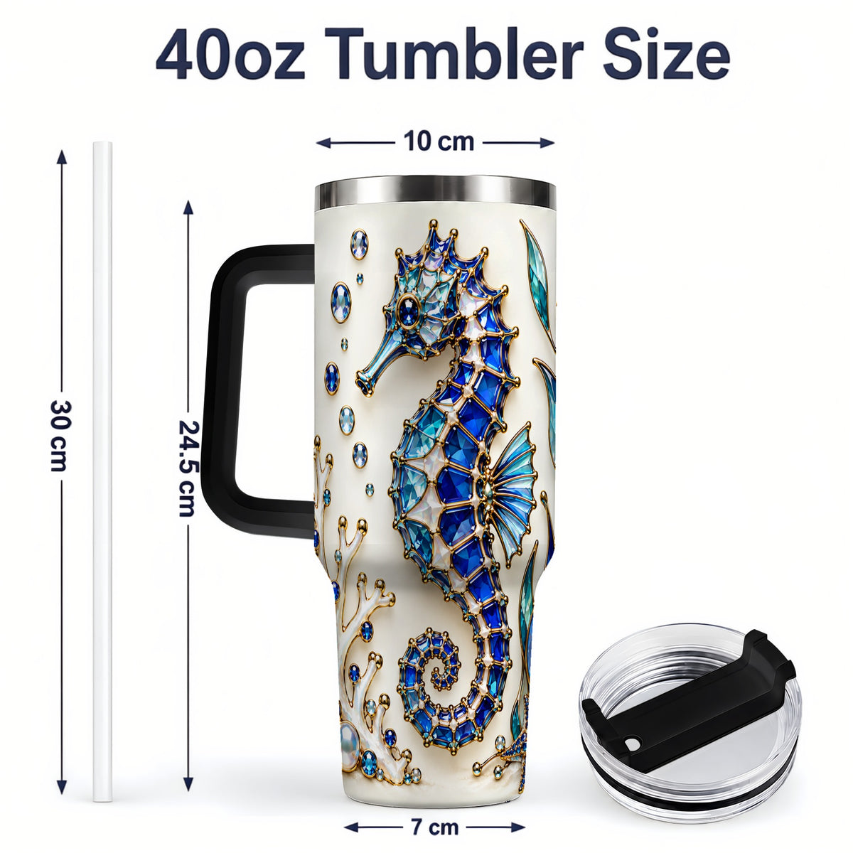 #pl[40oz|Black] Blue Seahorse 40oz Tumbler, Faceted Coral and Aquatic Leaf Artwork