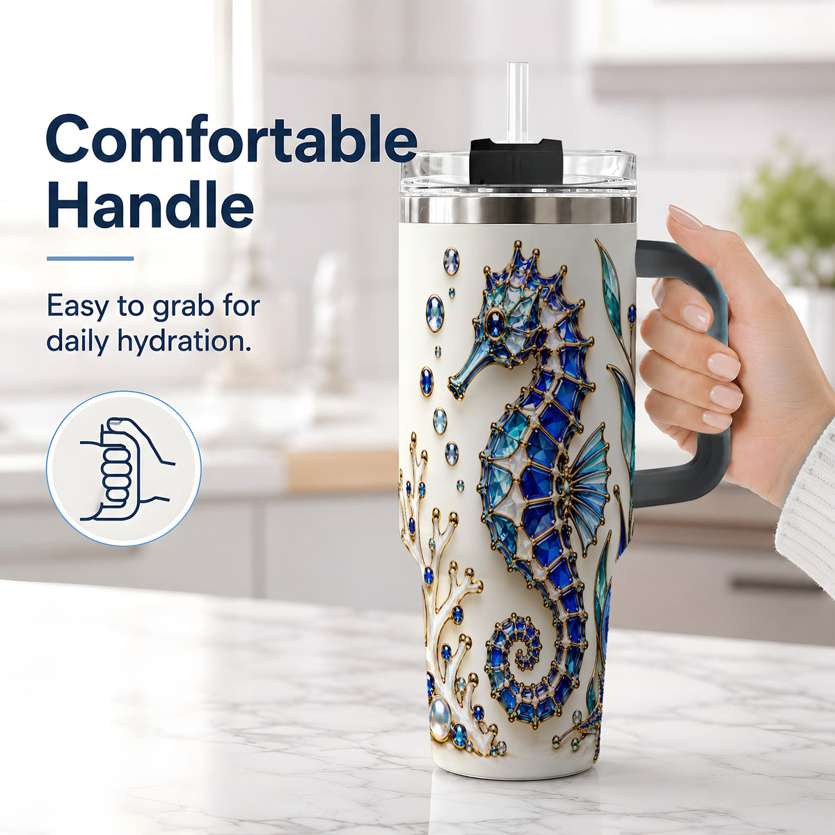 #pl[40oz|Black] Blue Seahorse 40oz Tumbler, Faceted Coral and Aquatic Leaf Artwork