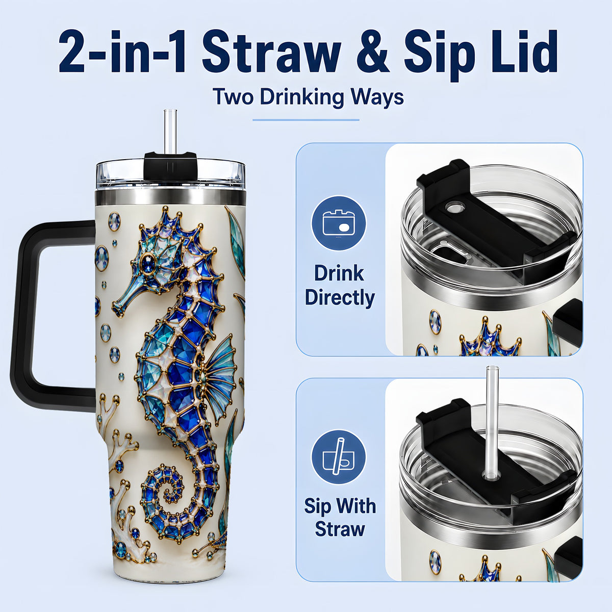 #pl[40oz|Black] Blue Seahorse 40oz Tumbler, Faceted Coral and Aquatic Leaf Artwork