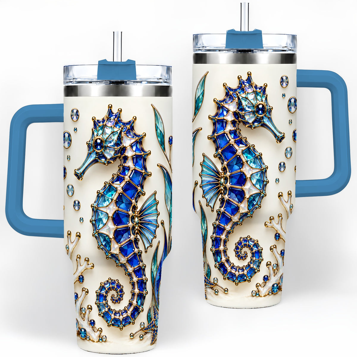 #pl[40oz|Blue] Blue Seahorse 40oz Tumbler, Faceted Coral and Aquatic Leaf Artwork