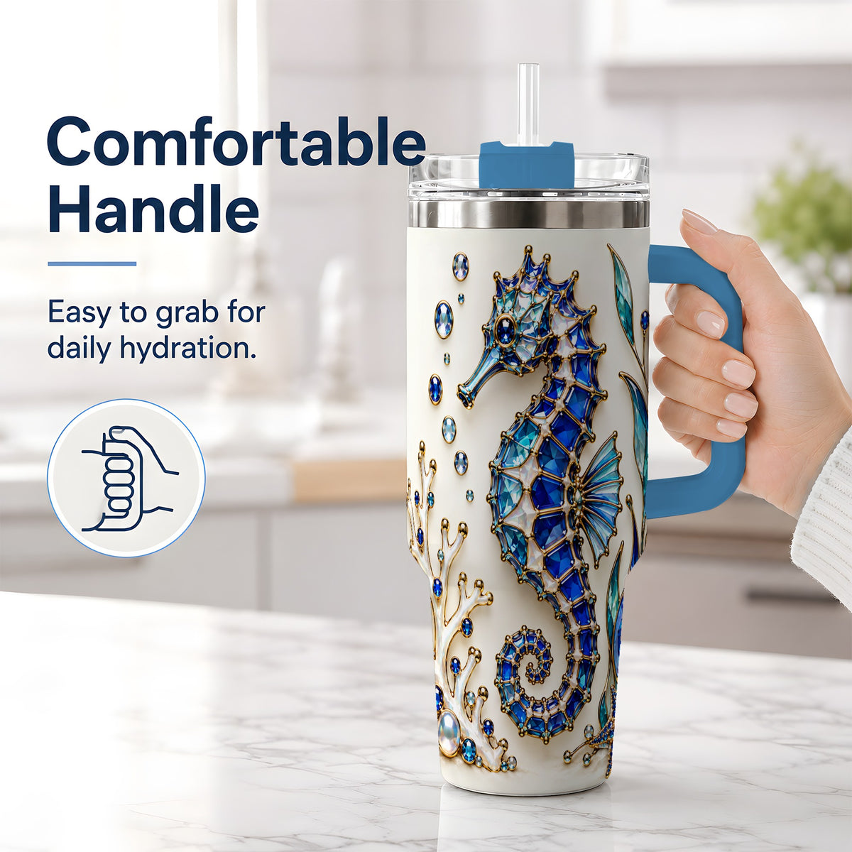 #pl[40oz|Blue] Blue Seahorse 40oz Tumbler, Faceted Coral and Aquatic Leaf Artwork