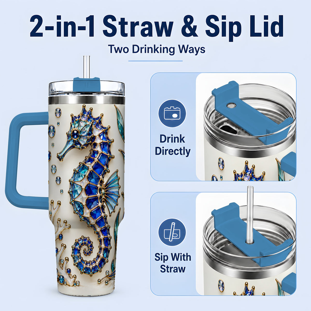 #pl[40oz|Blue] Blue Seahorse 40oz Tumbler, Faceted Coral and Aquatic Leaf Artwork