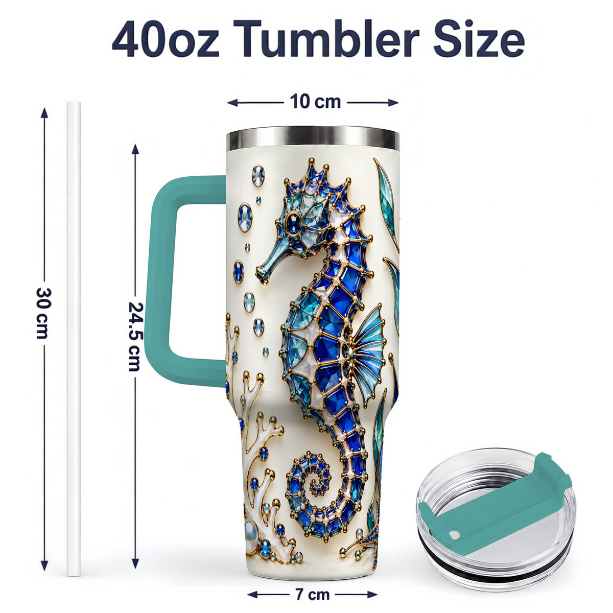 #pl[40oz|Green] Blue Seahorse 40oz Tumbler, Faceted Coral and Aquatic Leaf Artwork