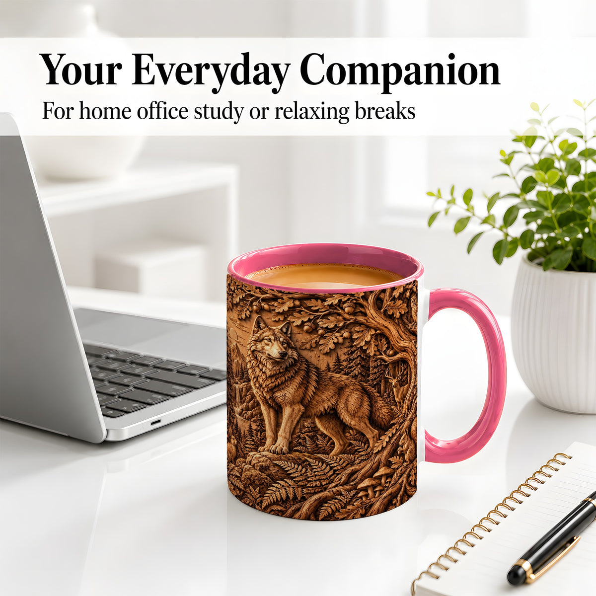 #pl[11oz|Pink] Woodland Wolf Accent Mug, Ceramic Mug with Forest Animal Artwork