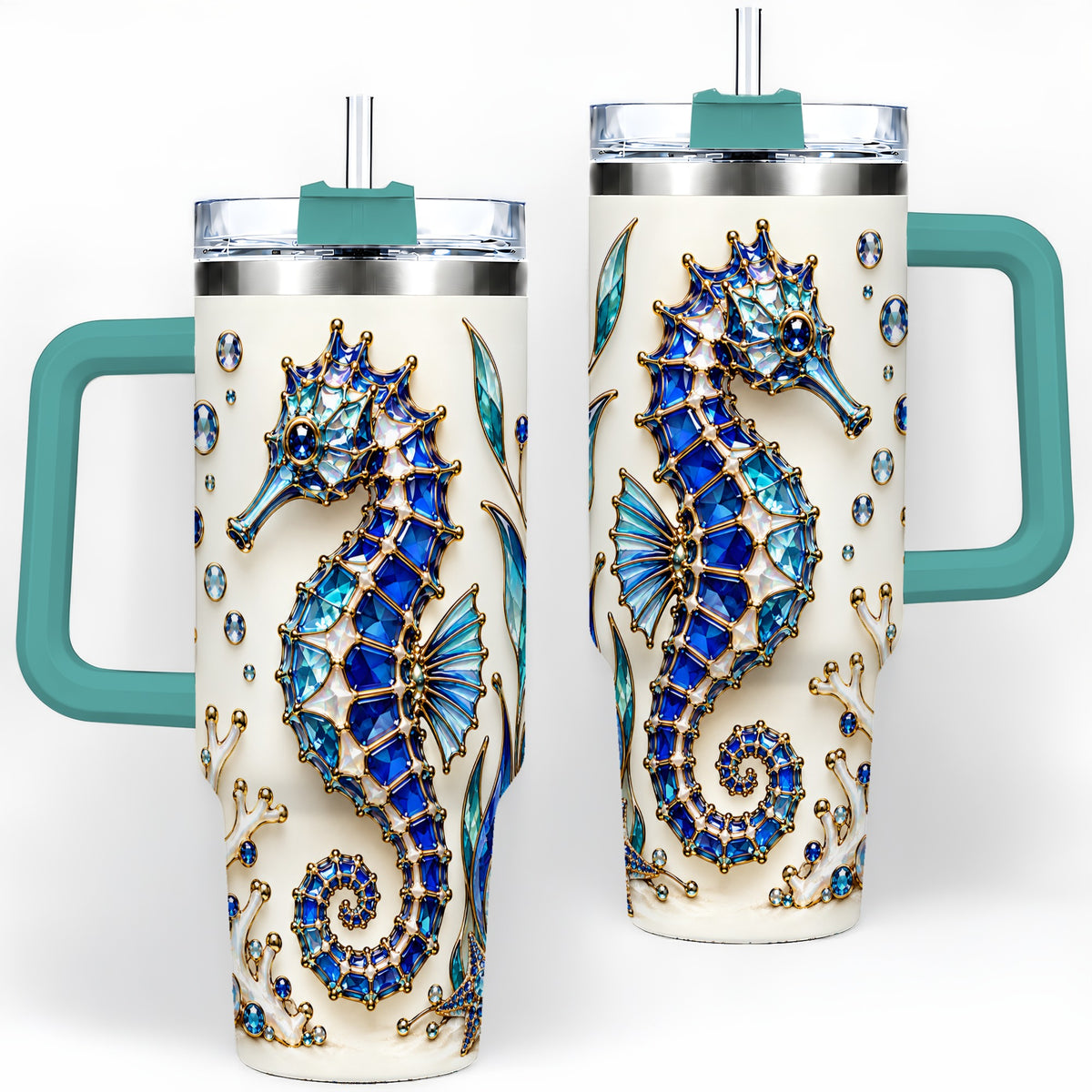 #pl[40oz|Green] Blue Seahorse 40oz Tumbler, Faceted Coral and Aquatic Leaf Artwork